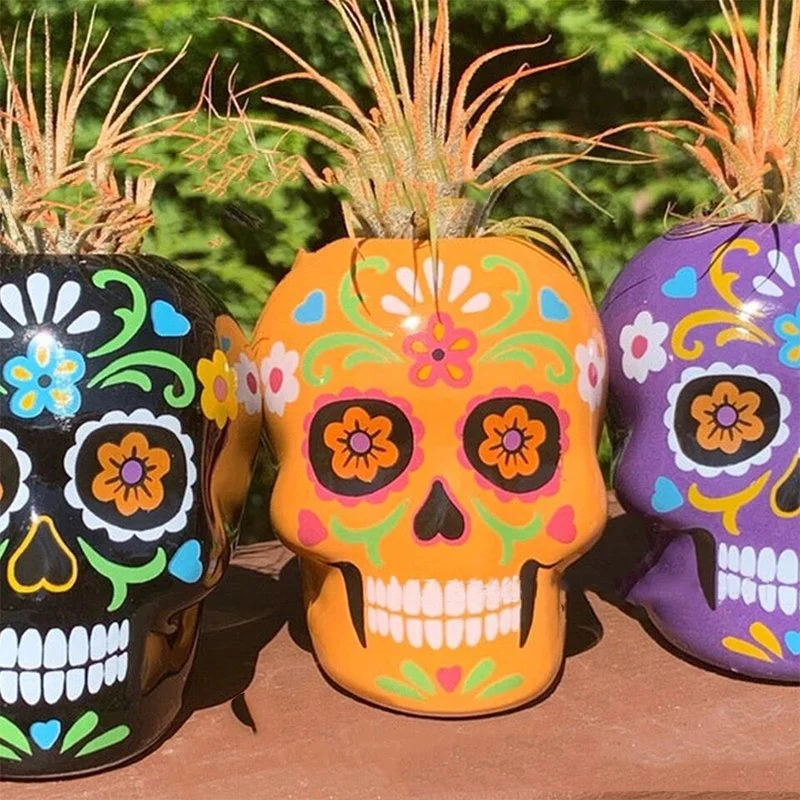 Home Tabletop Personality Retro Resin Crafts Ornaments Hand-Painted Skull Resin Flowerpot Halloween Decoration