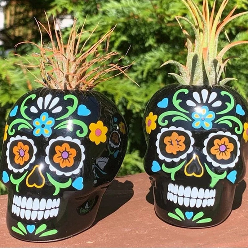 Home Tabletop Personality Retro Resin Crafts Ornaments Hand-Painted Skull Resin Flowerpot Halloween Decoration